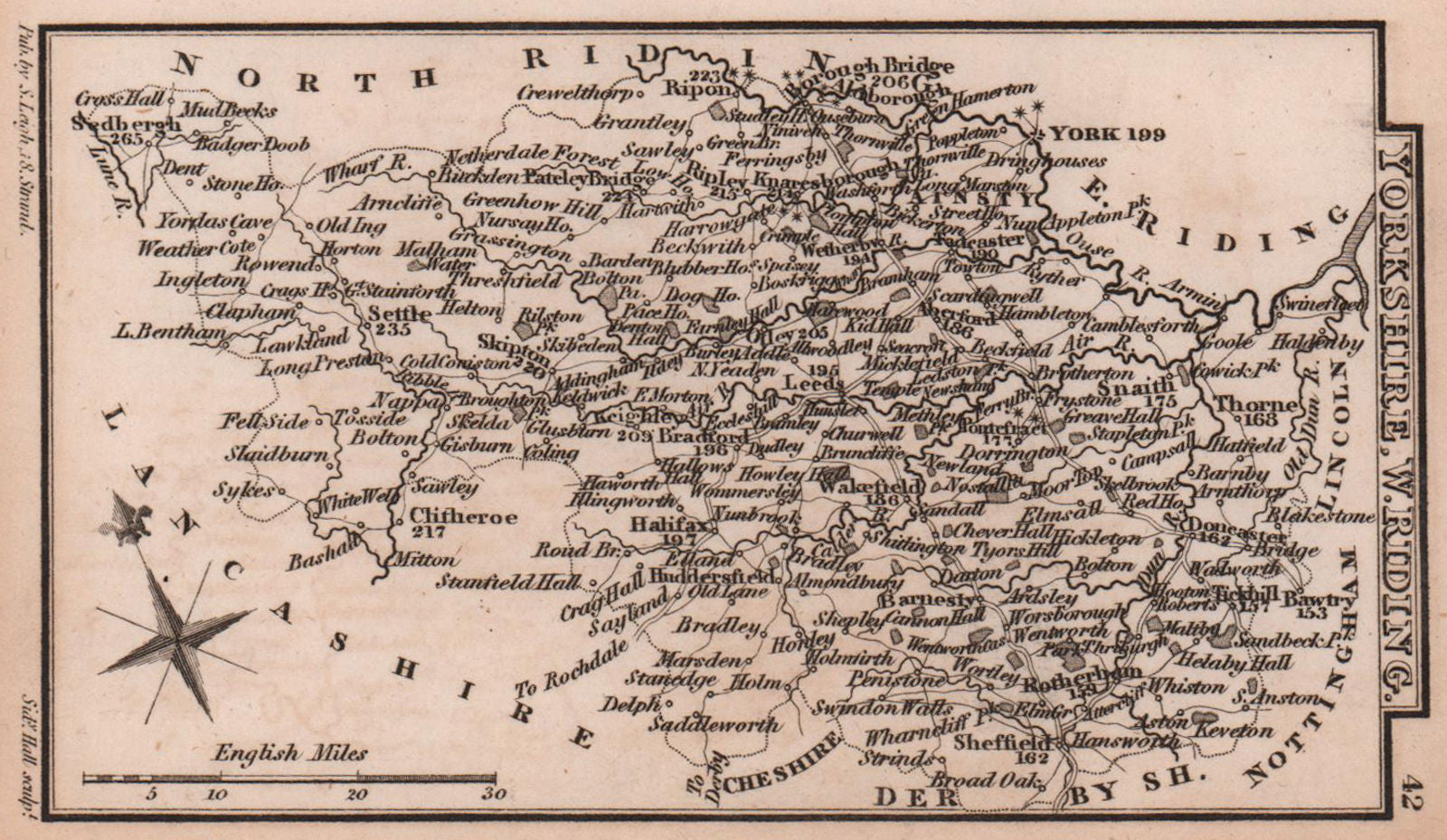 Yorkshire West Riding miniature county map by Samuel Leigh / Sidney Hall c1820